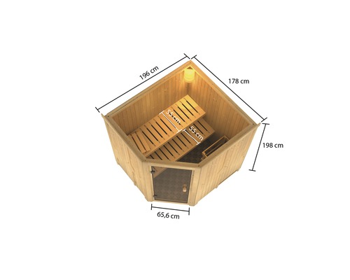 Bovenaanzicht van een houten sauna met banken en glazen voorkant met afmetingen