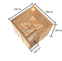 Bovenaanzicht van de sauna met afmetingen 196 cm bij 196 cm bij 198 cm