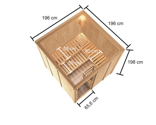 Bovenaanzicht van de sauna met afmetingen 196 cm bij 196 cm bij 198 cm