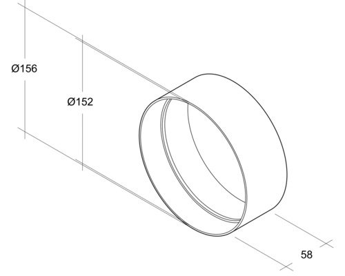 Technische tekening van een ventilatiebuis met afmetingen van 156 millimeter buitendiameter, 152 millimeter binnendiameter en 58 millimeter lengte