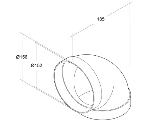 Technische tekening van een bochtstuk met de afmetingen 156 mm, 152 mm en 185 mm.