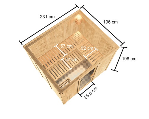 Illustratie van een houten sauna met maatvoering van lengte en breedte