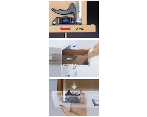 Illustratie van een ladegeleider met verstelmechanisme voor meubelconstructie