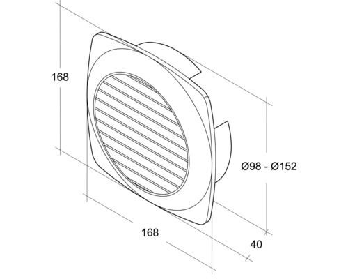Technische tekening van een ronde schotelklep met de afmetingen 168 x 168 x 40 millimeter en een diameter van 98 tot 152 millimeter.