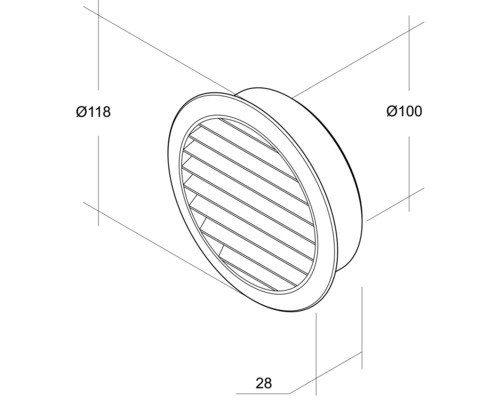 Technische tekening van een rond schotelventiel met de afmetingen diameter 118 mm, diameter 100 mm en diepte 28 mm.