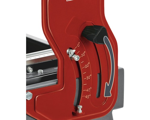 Detailopname van een tegelsnijmachine met hoekverstelling van 0 tot 45 graden.