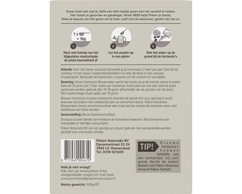 Instructies en informatie over het gebruik van Pokon Hortensia Blauwmaker