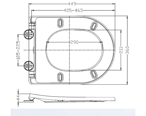 Technische tekening van een toiletbril met afmetingen