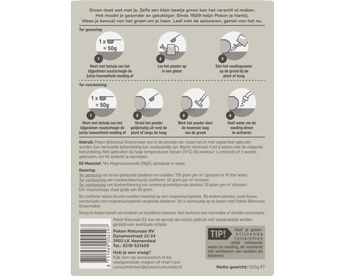 Instructies voor het gebruik van Pokon Bitterzout Groenmaker