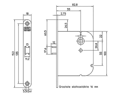 Technische tekening van een deurslot met afmetingen