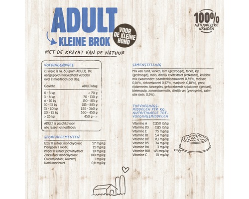 Informatie over Adult hondenvoer voor kleine hondenrassen, inclusief voedingsadviezen en ingrediënten