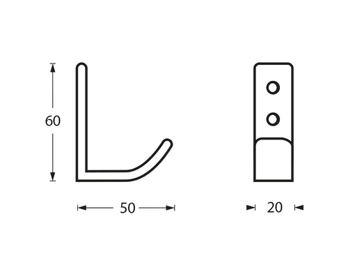 Technische tekening van een haak met de afmetingen 60, 50 en 20 millimeter