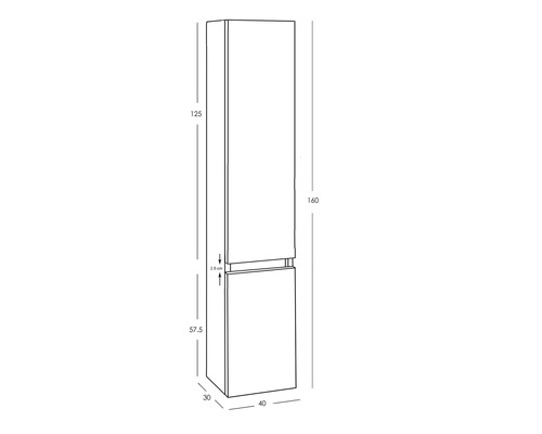 Technische tekening van een badkamer hoge kast met maatvoering.