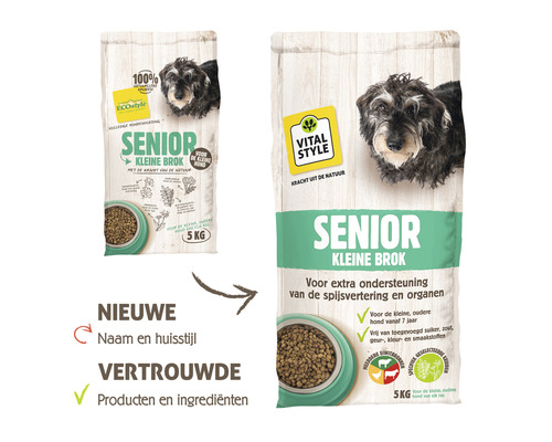 Twee verpakkingen hondenvoer voor oudere honden, kleine brok