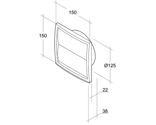 Technische tekening van een ventilatierooster met afmetingen van 150 x 150 millimeter en een diameter van 125 millimeter