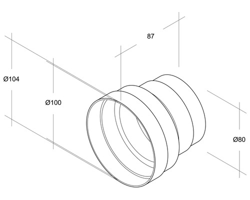 Afbeelding van een flexibele buis met afmetingen van 104 mm, 100 mm en 80 mm diameter en 87 mm lengte