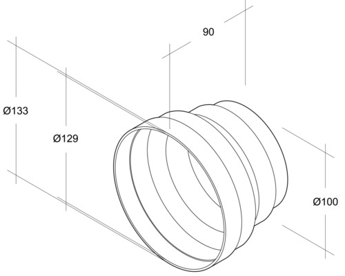 Technische tekening van een bochtstuk met diameters van 133 mm, 129 mm en 100 mm en een lengte van 90 mm.