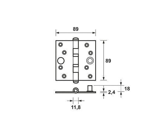 Technische tekening van een deurscharnier met afmetingen