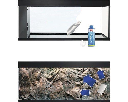 Aquarium met decoratieve achtergrond en bevestigingsoplossing
