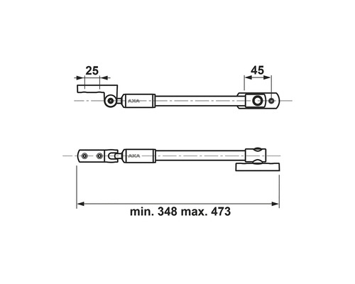 Technische tekening van een raamopener met afmetingen
