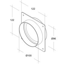 Technische tekening van een wanddoorvoer met de afmetingen 122, 100 en 96 millimeter.