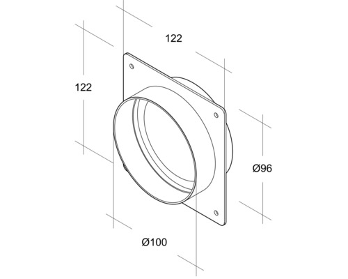 Technische tekening van een wanddoorvoer met de afmetingen 122, 100 en 96 millimeter.