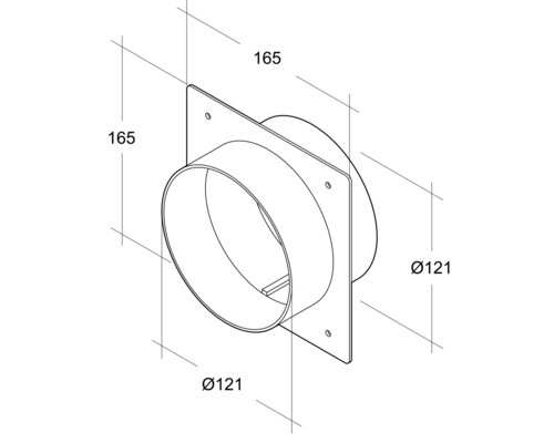 Technische tekening van een wanddoorvoer met de afmetingen 165 x 165 mm en een diameter van 121 mm.