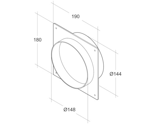 Technische tekening van een wanddoorvoerbuis met afmetingen 190 mm lengte, 180 mm hoogte en een diameter van 144 mm.
