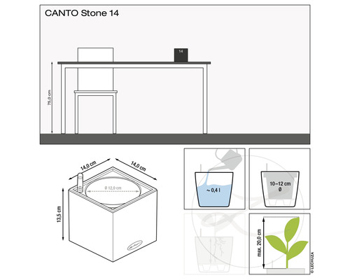 Productafmetingen en toepassingsdiagram van de Canto Stone 14 plantenbak.
