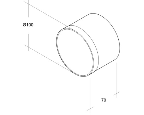 Technische tekening van een cilindrisch object met de afmetingen diameter 100 en lengte 70