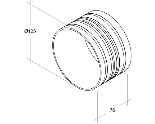 Technische tekening van een buis met de afmetingen diameter 125 mm en lengte 76 mm.