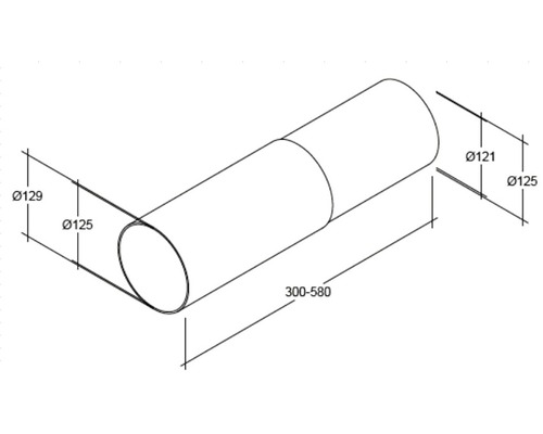 Technische tekening van een buis met de afmetingen 300 tot 580 mm lengte, buitendiameter 125 mm, binnendiameter 121 en 129 mm