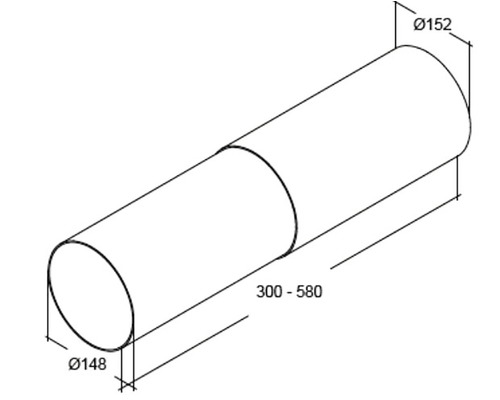 Technische tekening van een ronde ventilatiebuis met de afmetingen diameter 148 millimeter en diameter 152 millimeter, lengte 300 tot 580 millimeter
