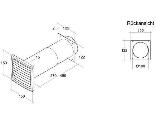 Technische tekening van een muurdoorvoer met weerbestendig rooster en afmetingen