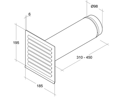 Technische tekening van een muurdoorvoer met afmetingen van 195 x 185 millimeter en een buisdiameter van 98 millimeter