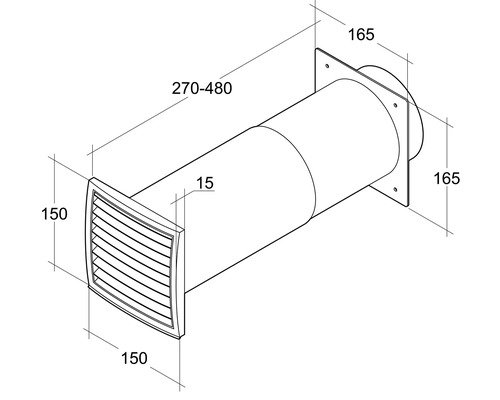 Technische tekening van een ventilatiebuis met afmetingen