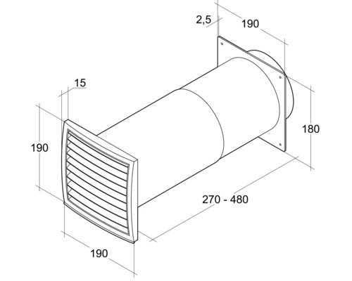 Technische tekening van een muurdoorvoer met ventilatierooster en maataanduidingen