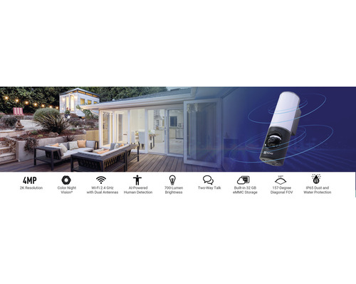 Beveiligingscamera met 4 MP resolutie, kleurennachtzicht, wifi, persoonsdetectie, 700 lumen helderheid, tweeweg audio, 32 GB opslag en stof- en waterdichtheid conform IP65