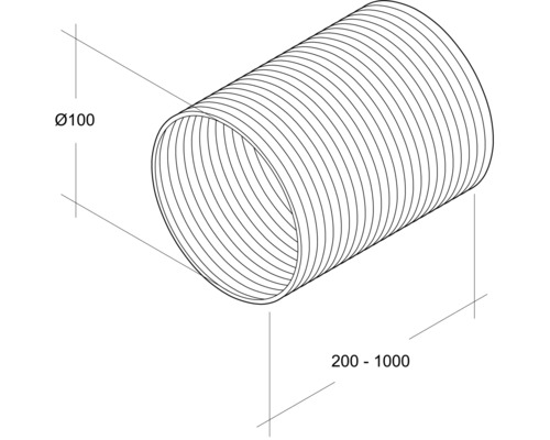 Afbeelding van een flexibele buis met een diameter van 100 millimeter en een lengte tussen 200 en 1000 millimeter