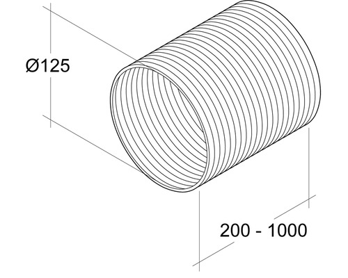 Illustratie van een flexibele buis met een diameter van 125 mm en een lengte van 200 tot 1000 mm.
