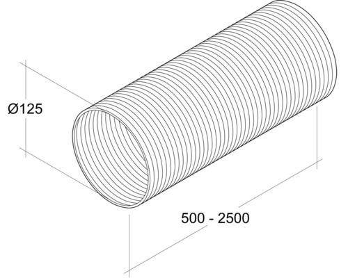 Flexibele ventilatieslang met een diameter van 125 mm en een lengte van 500 tot 2500 mm.