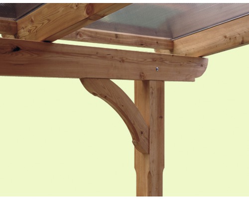 Detailaanzicht van een houten paviljoen met houten balken en steunbalken