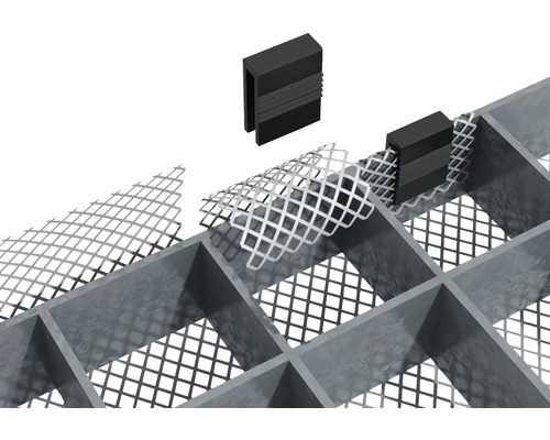 Gedetailleerde weergave van een afvoerrooster met vuilvanger en bevestigingsclip