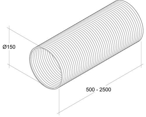 Afbeelding van een flexibele buis met een diameter van 150 mm en een lengte van 500 tot 2500 mm.