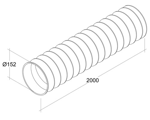 Illustratie van een flexibele buis met een diameter van 152 mm en een lengte van 2000 mm.