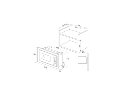 Technische tekening van een inbouwmagnetron met afmetingen