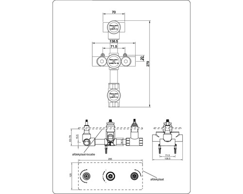 Technische tekening van een inbouw thermostaatkraan met afmetingen