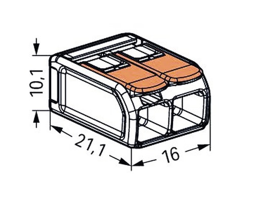 Tekening van een lasklem met de afmetingen 10,1 mm, 21,1 mm en 16 mm.