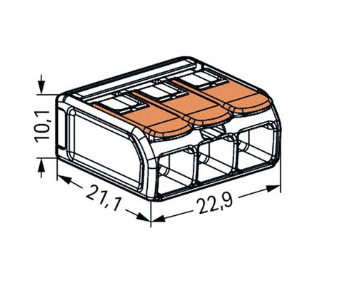 Drie-polige lasklem met afmetingen van 10,1 x 21,1 x 22,9 millimeter.