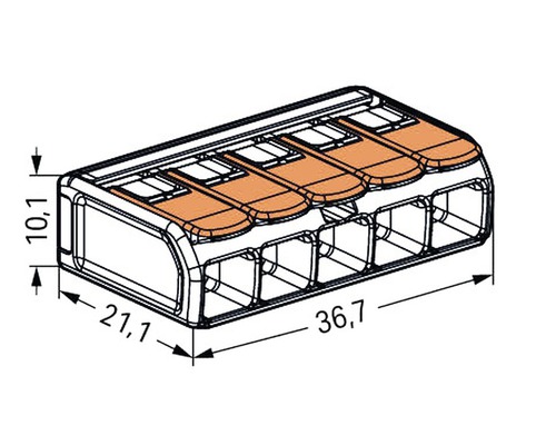 Illustratie van een vierpolige verbindingsklem met maatvoering
